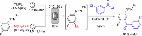 Graphical abstract for the publication: “Selective Lithiation, Magnesiation and Zincation of Unsymmetrical Azobenzenes Using Continuous Flow.”